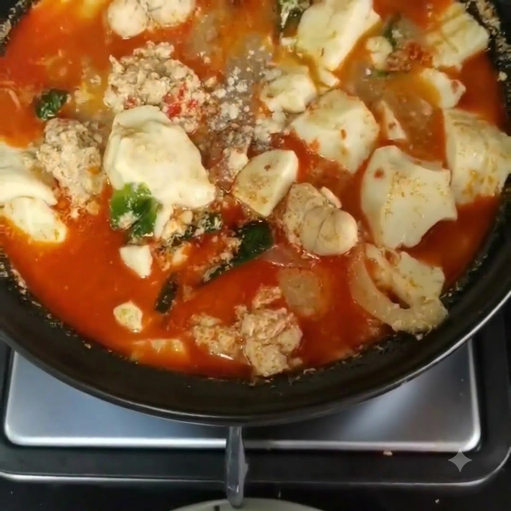 Pfeffer wird gleichmäßig über den köchelnden Topf mit Pollackrogen, Seidentofu und scharfer roter Suppe gestreut.