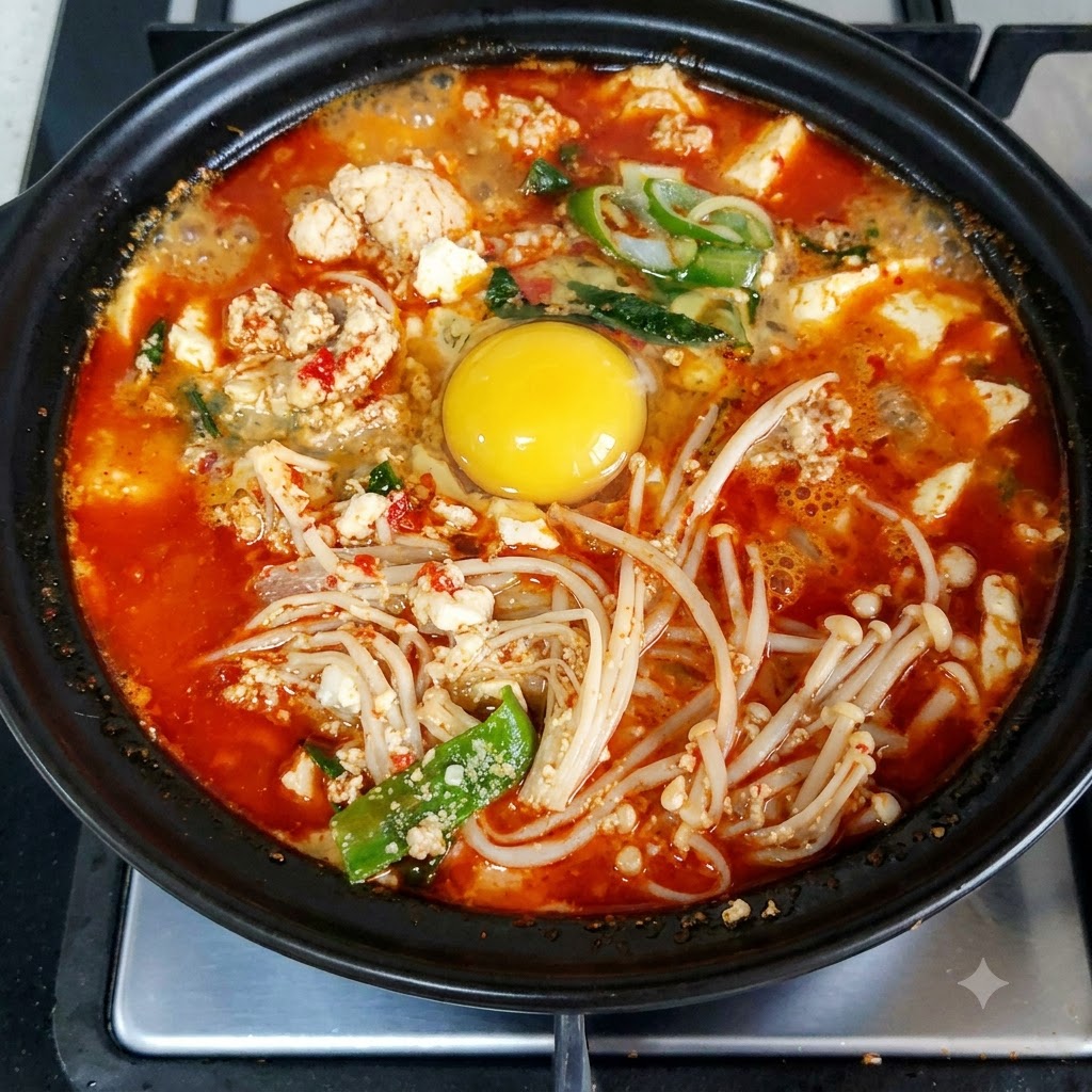 Ein rohes Eigelb mit Eiweiß ruht in der Mitte einer blubbernden roten koreanischen Suppe mit Pilzen.