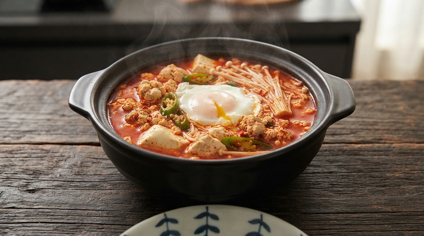 Scharfe koreanische Pollackrogen-Tofu-Suppe (Myeongran Sundubu Jjigae)