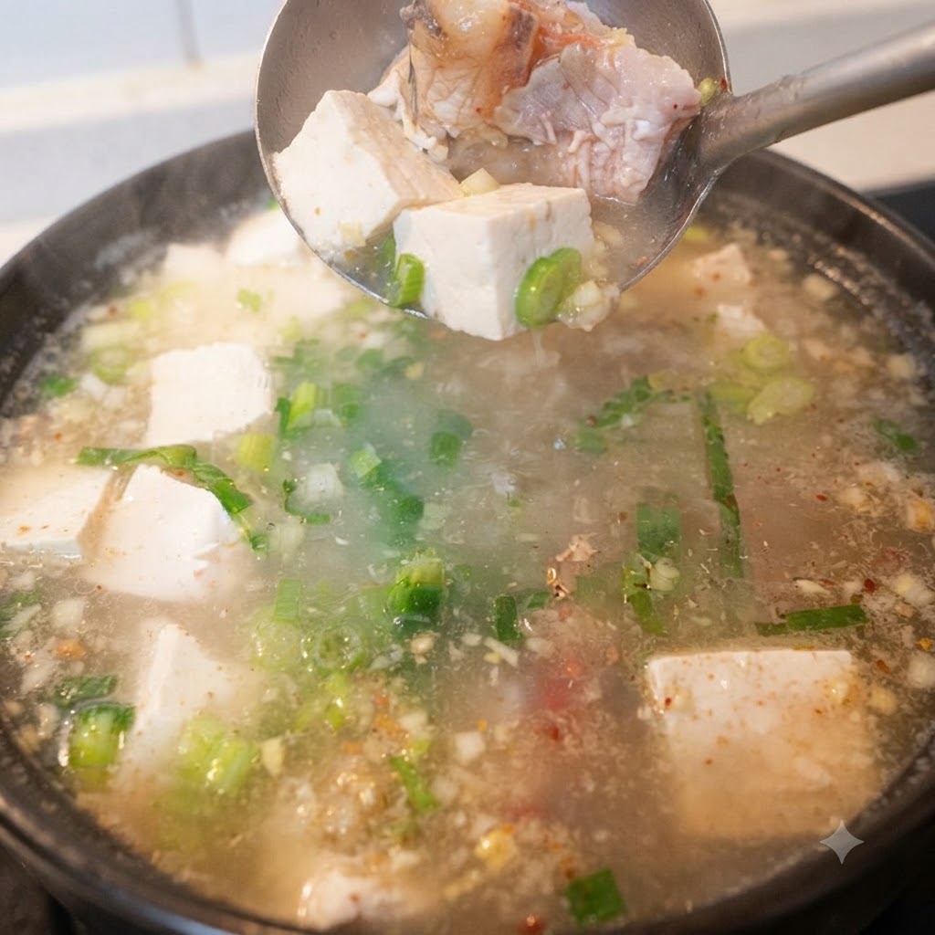 Tofuwürfel werden mit einer Kelle in einen köchelnden Topf mit Fischsuppe gegeben.