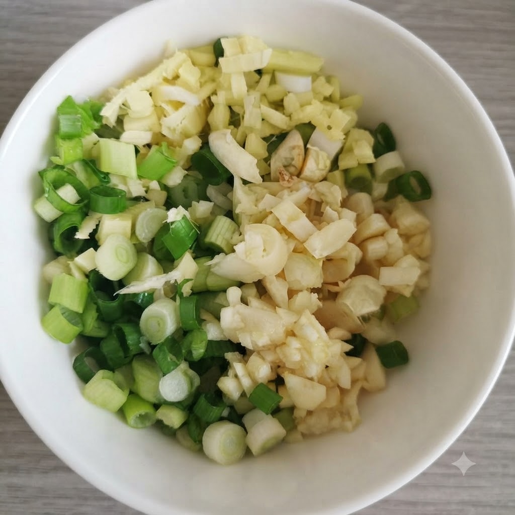 Eine weiße Schale gefüllt mit frisch gehackten Frühlingszwiebeln, Knoblauch und Ingwerscheiben.