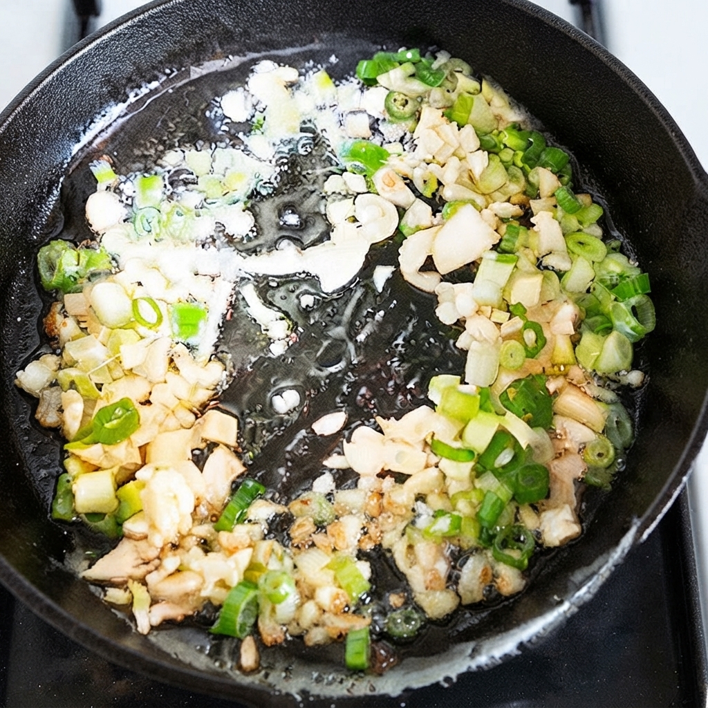 Frühlingszwiebeln, Knoblauch und Ingwer brutzeln in heißem Öl in einer schwarzen Pfanne.