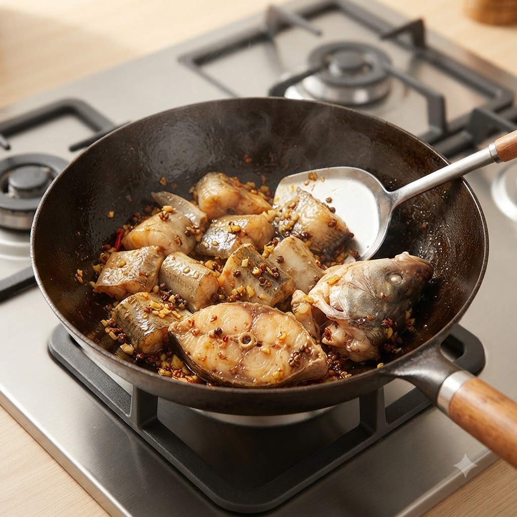Seelachsstücke werden mit einem Metallspatel in einem Wok mit aromatischen Zutaten angebraten.