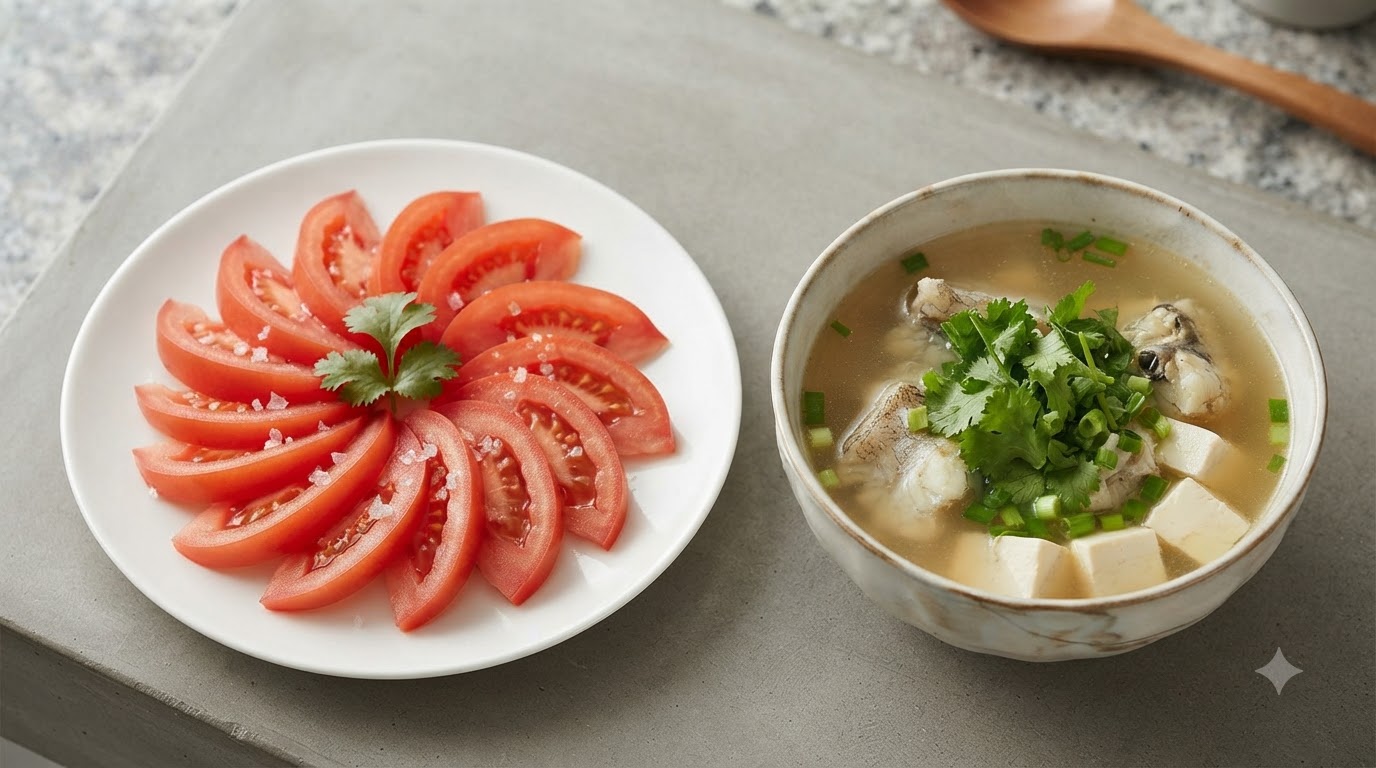 Eine Schüssel hausgemachte Seelachs-Tofu-Suppe, garniert mit frischem Koriander und serviert mit in Scheiben geschnittenen Tomaten.