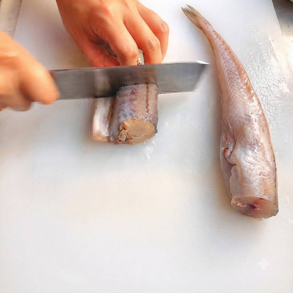 Alaska-Seelachs wird mit einem Messer auf einem weißen Schneidebrett portioniert.