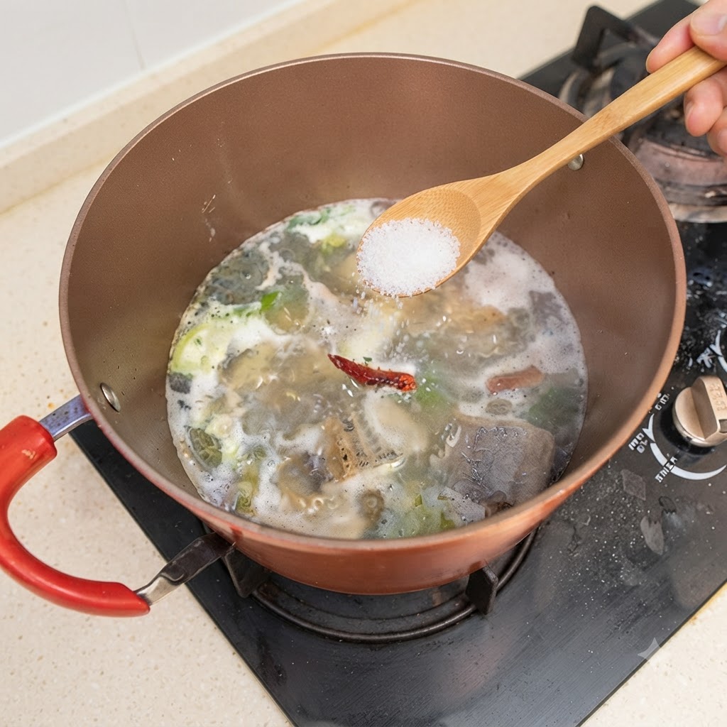 Ein Holzlöffel gibt Salz und weißen Pfeffer in einen sprudelnden Topf mit Fischsuppe.