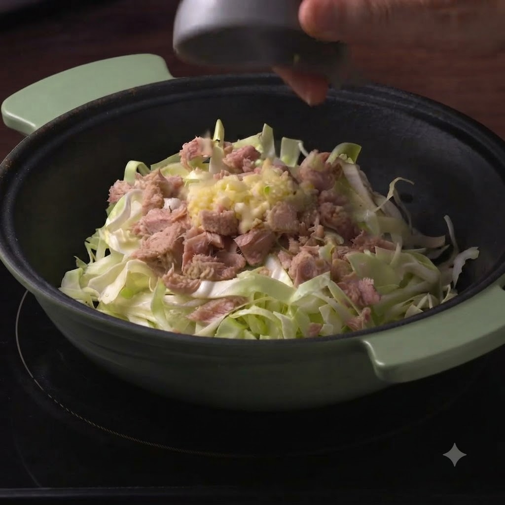 Eine kleine Schüssel oder ein Löffel gibt gehackten Knoblauch auf den geraspelten Kohl und den Thunfisch in einem grünen Kochtopf.