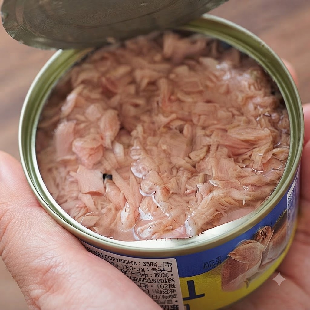 Dosen-Thunfisch wird in ein weißes Küchensieb geleert, um überschüssige Flüssigkeit abtropfen zu lassen.