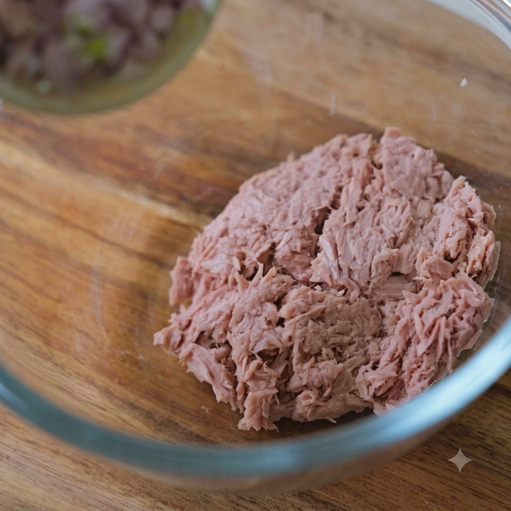 Gewürfelte rote Zwiebeln und Gewürze werden zu einer Schüssel mit Thunfisch gegeben.