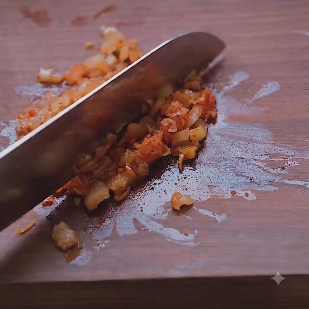 Fein gehacktes Kimchi wird unter den Thunfischsalat gemischt.