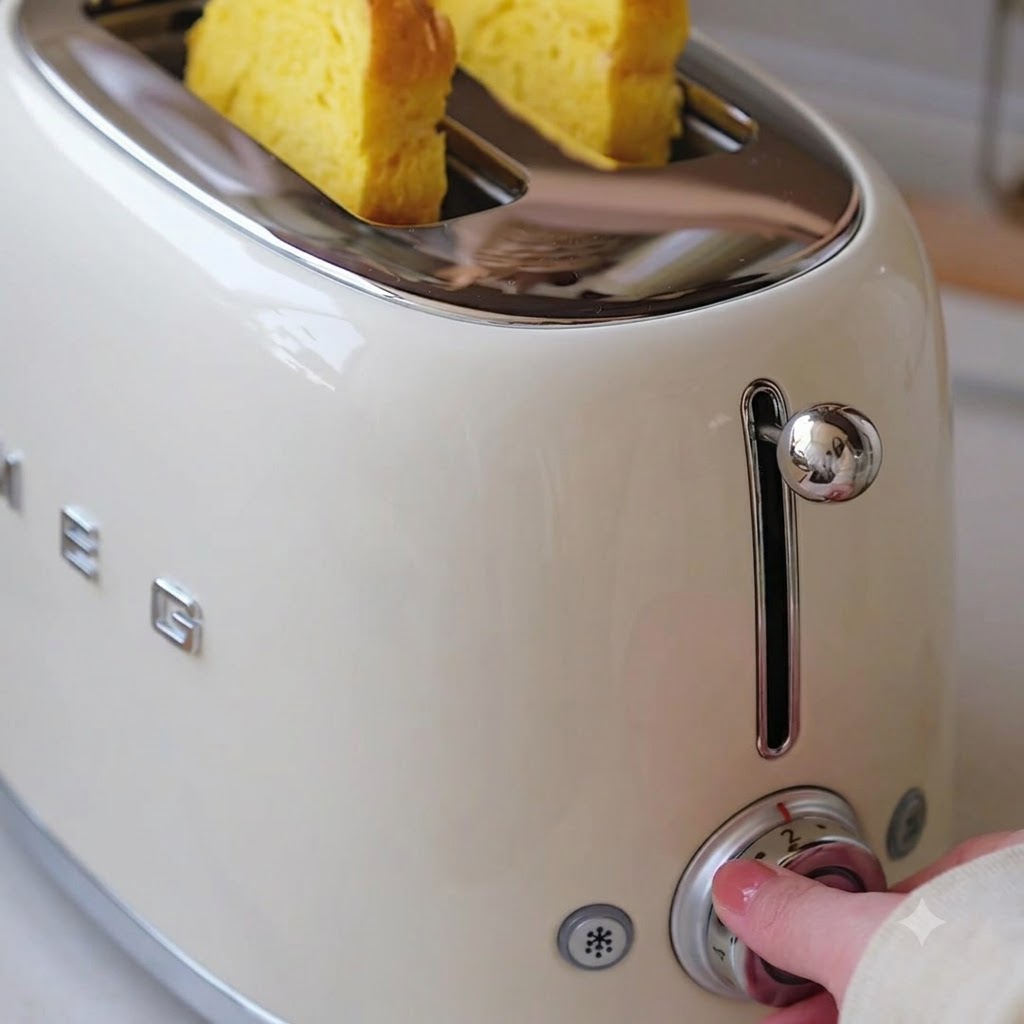 Kürbistoast-Scheiben in einem cremefarbenen Toaster mit eingestelltem Timer.