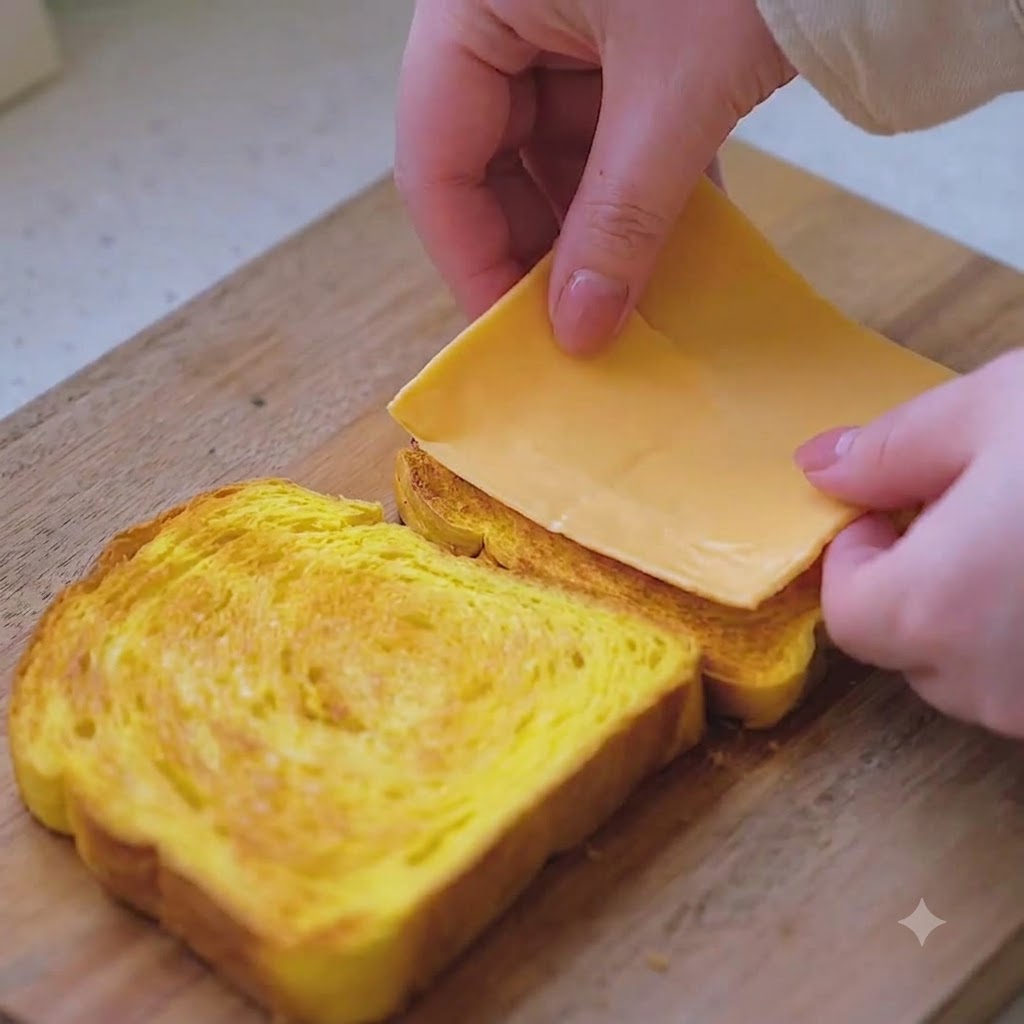 Zwei Scheiben gelber Käse werden auf einem Holzbrett auf das warme, getoastete Kürbisbrot gelegt.