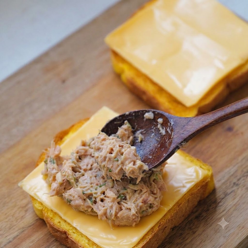 Ein Holzlöffel portioniert und verstreicht eine Mischung aus Thunfisch und Kimchi auf einer mit Käse belegten Toastscheibe.