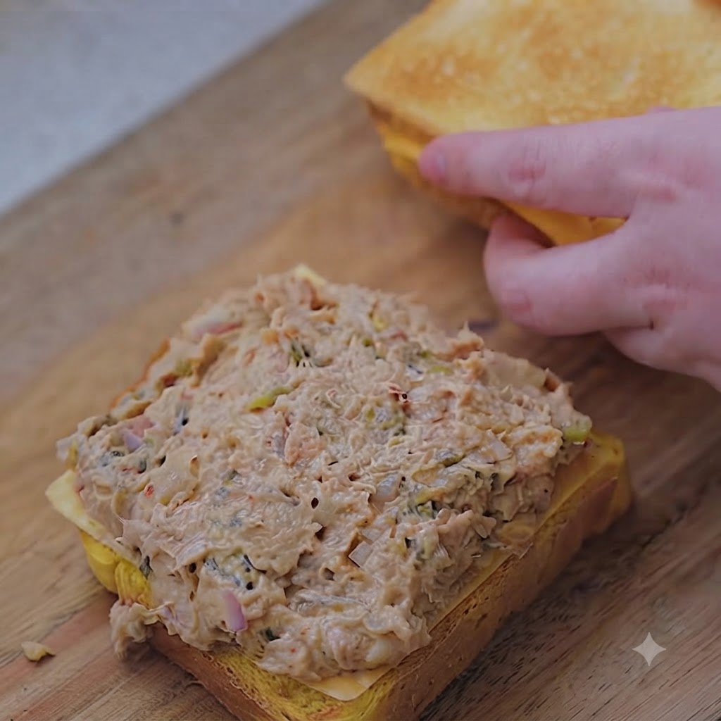 Eine Hand legt die obere Scheibe des goldbraunen Toasts auf die fertige Thunfisch-Kimchi-Füllung.