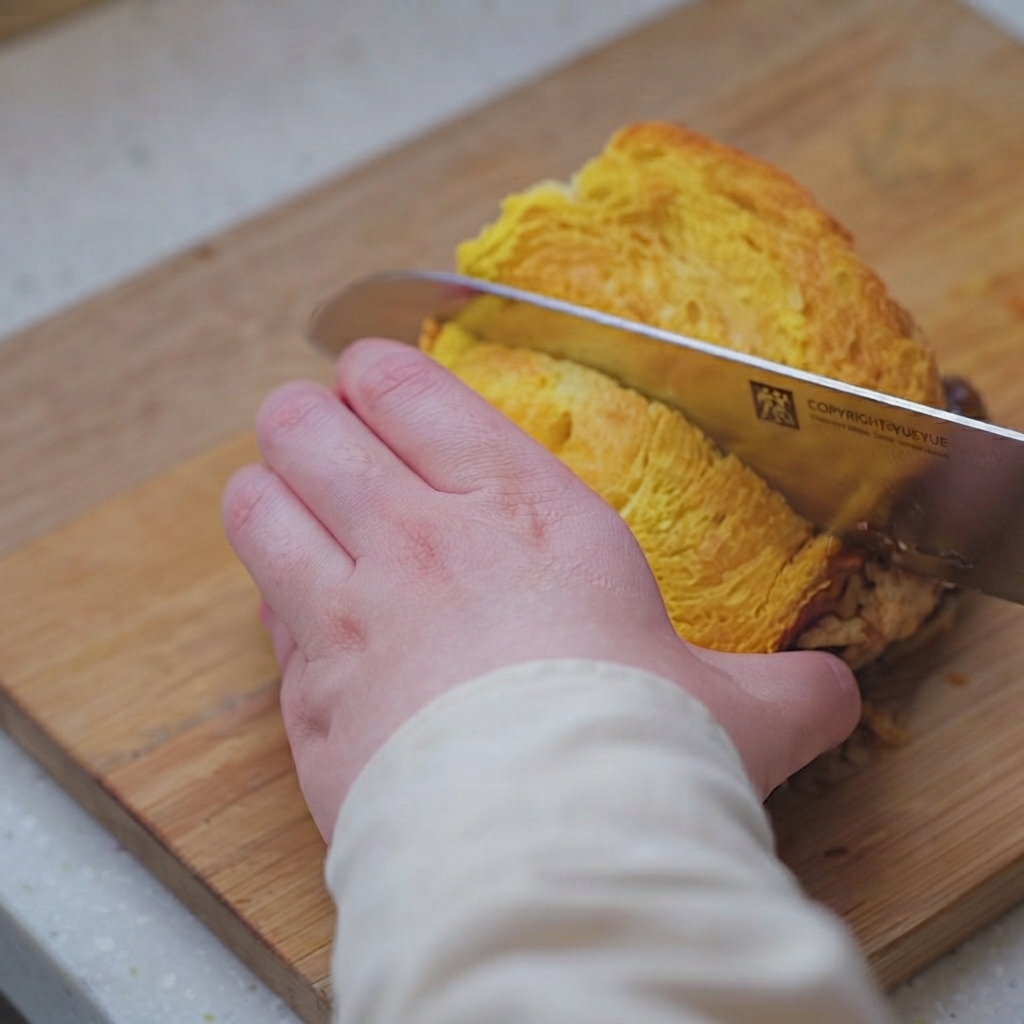 Ein scharfes Messer schneidet diagonal durch ein üppig belegtes Sandwich auf einem Schneidebrett und zeigt einen sauberen Querschnitt.