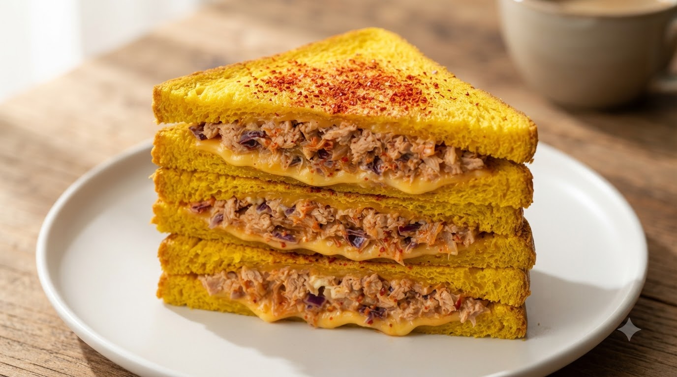 Knuspriges Thunfisch-Kimchi-Sandwich auf Kürbistoast