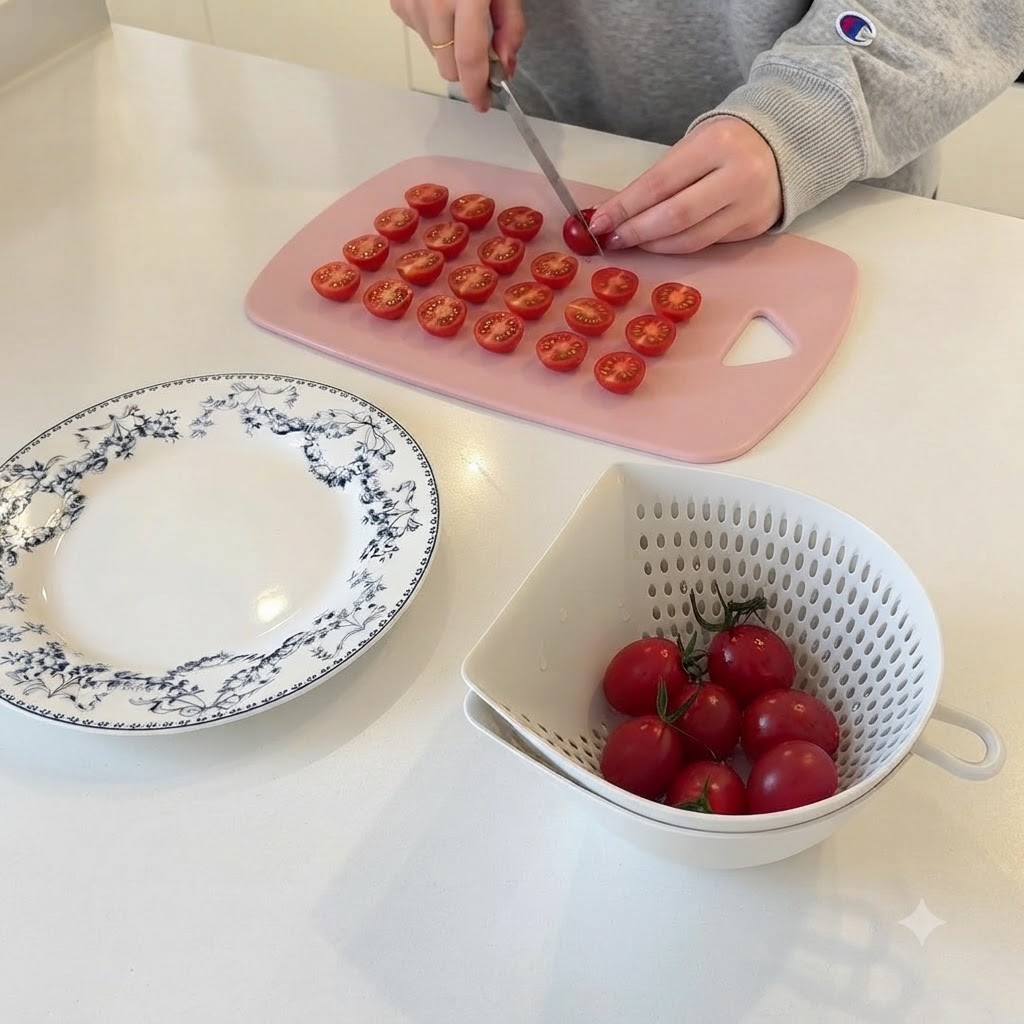 Hände schneiden rote Kirschtomaten mit einem Messer auf einem rosafarbenen Schneidebrett in zwei Hälften.