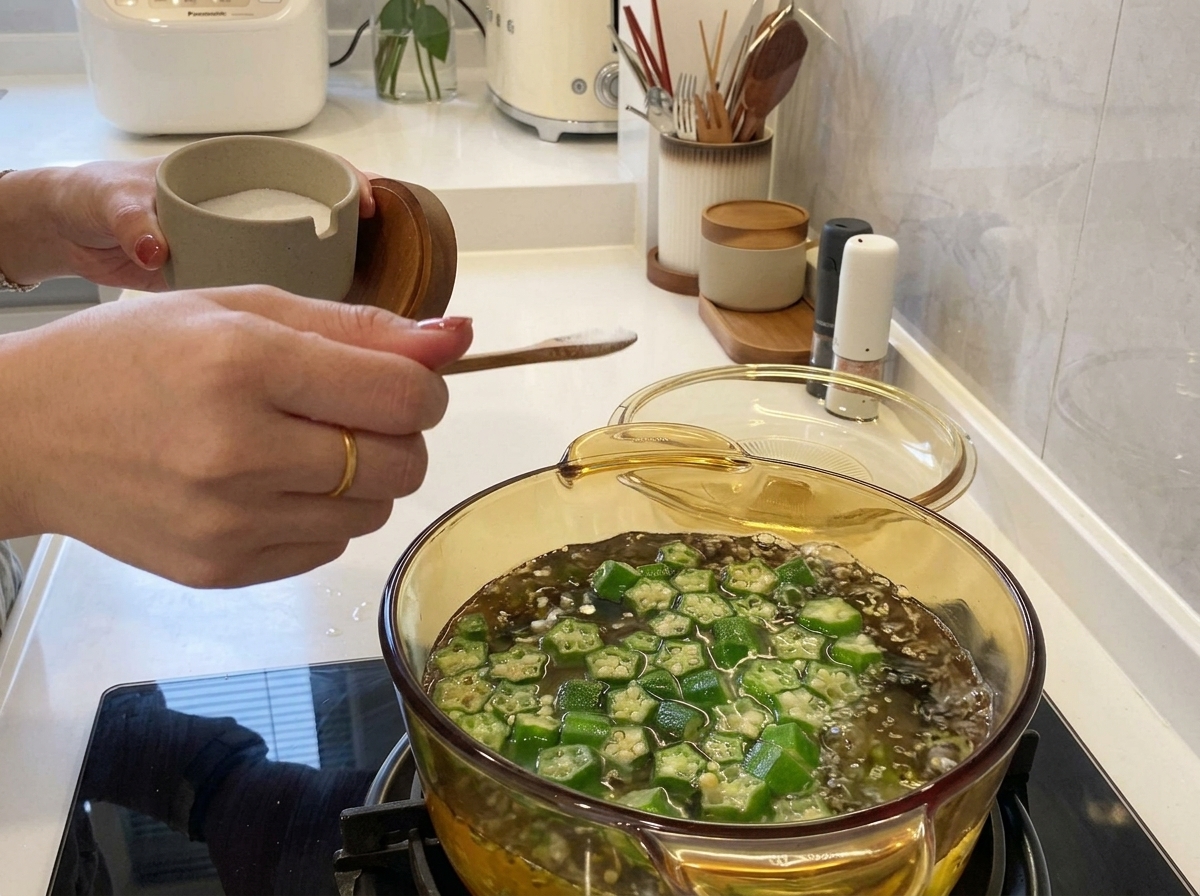 Eine Hand gibt einen Löffel Salz in einen kochenden Glastopf voller geschnittener, grüner Okraschoten.