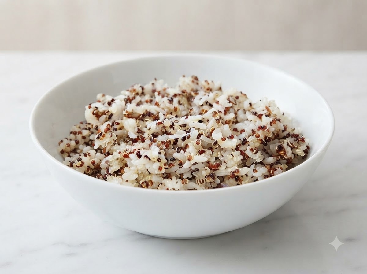 Frisch gekochte Quinoa-Reis-Mischung, sauber angerichtet in einer weißen Keramikschüssel.