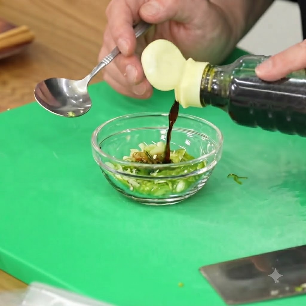 Sojasauce wird in eine kleine Glasschüssel mit gehackten Frühlingszwiebeln und Chilis gegossen.