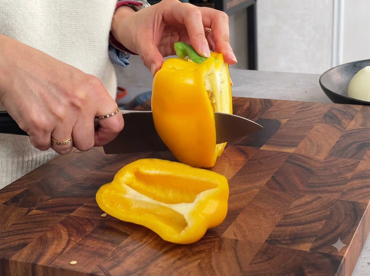 Eine gelbe Paprika wird auf einem Holzschneidebrett mit einem Messer in gleichmäßige Streifen geschnitten.
