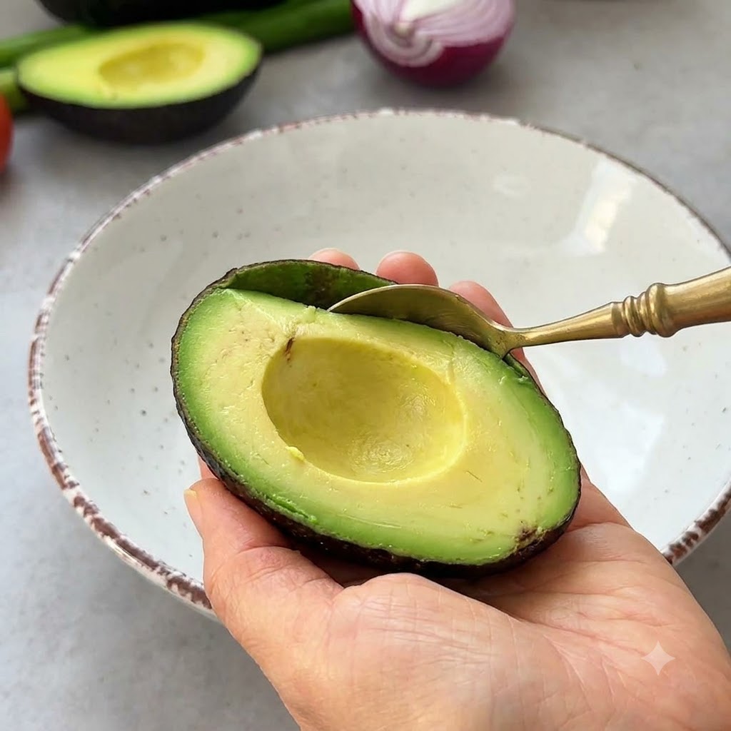 Eine Avocadahälfte wird in einer Hand gehalten, während ein Löffel das grüne Fruchtfleisch in eine große weiße Schüssel schöpft.