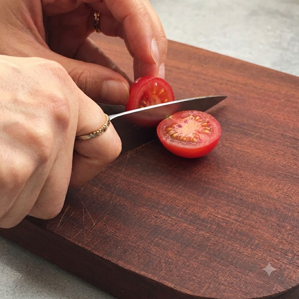 Eine Kirschtomate wird auf einem Holzschneidebrett mit einem kleinen Küchenmesser halbiert.