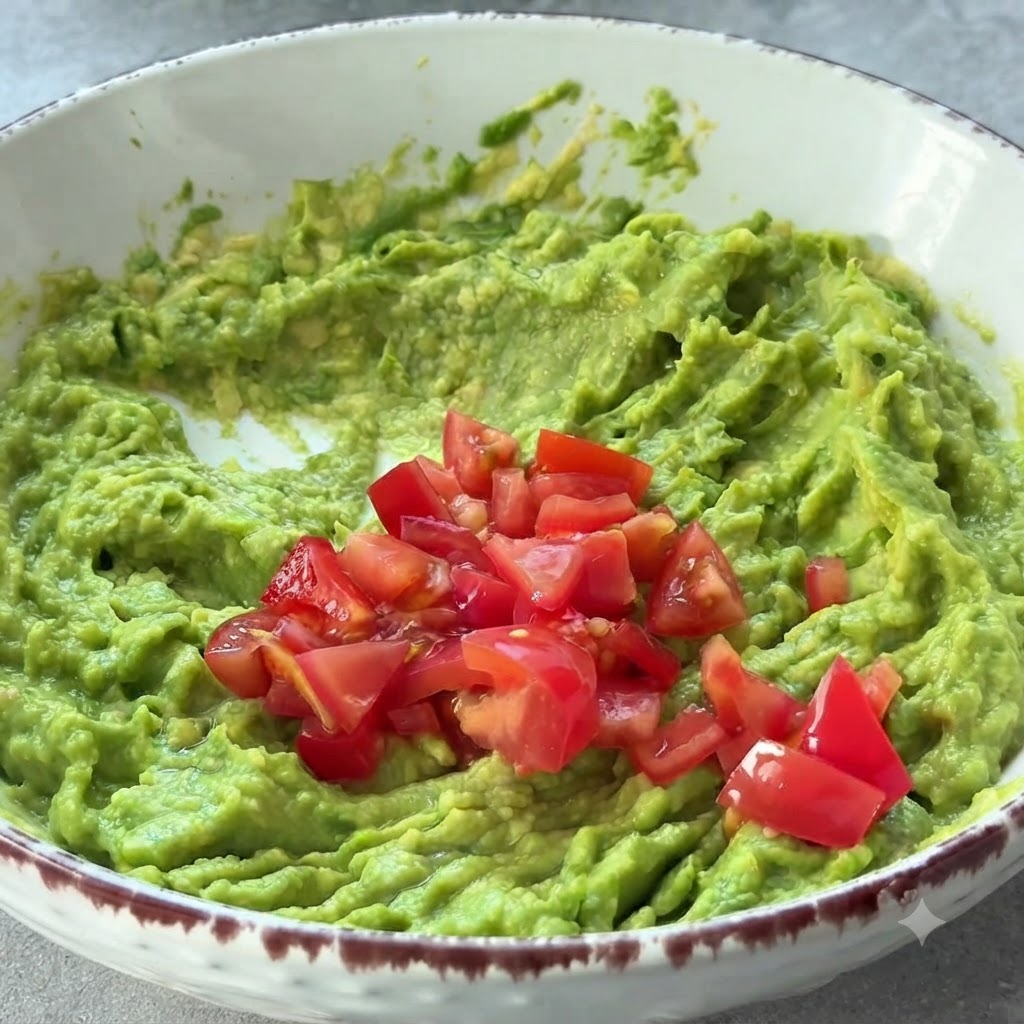 Frisch gehackte rote Tomaten liegen auf einer Schüssel mit grüner, zerdrückter Avocado und warten darauf, vermischt zu werden.