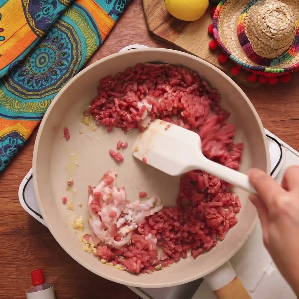 Gehackter Speck und rohes Rinderhackfleisch werden in die Pfanne zum Knoblauch gegeben.