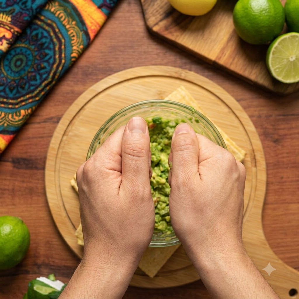 Frische Avocado wird in einer klaren Glasschüssel auf einem Holzbrett gründlich zu einer glatten Paste zerdrückt.