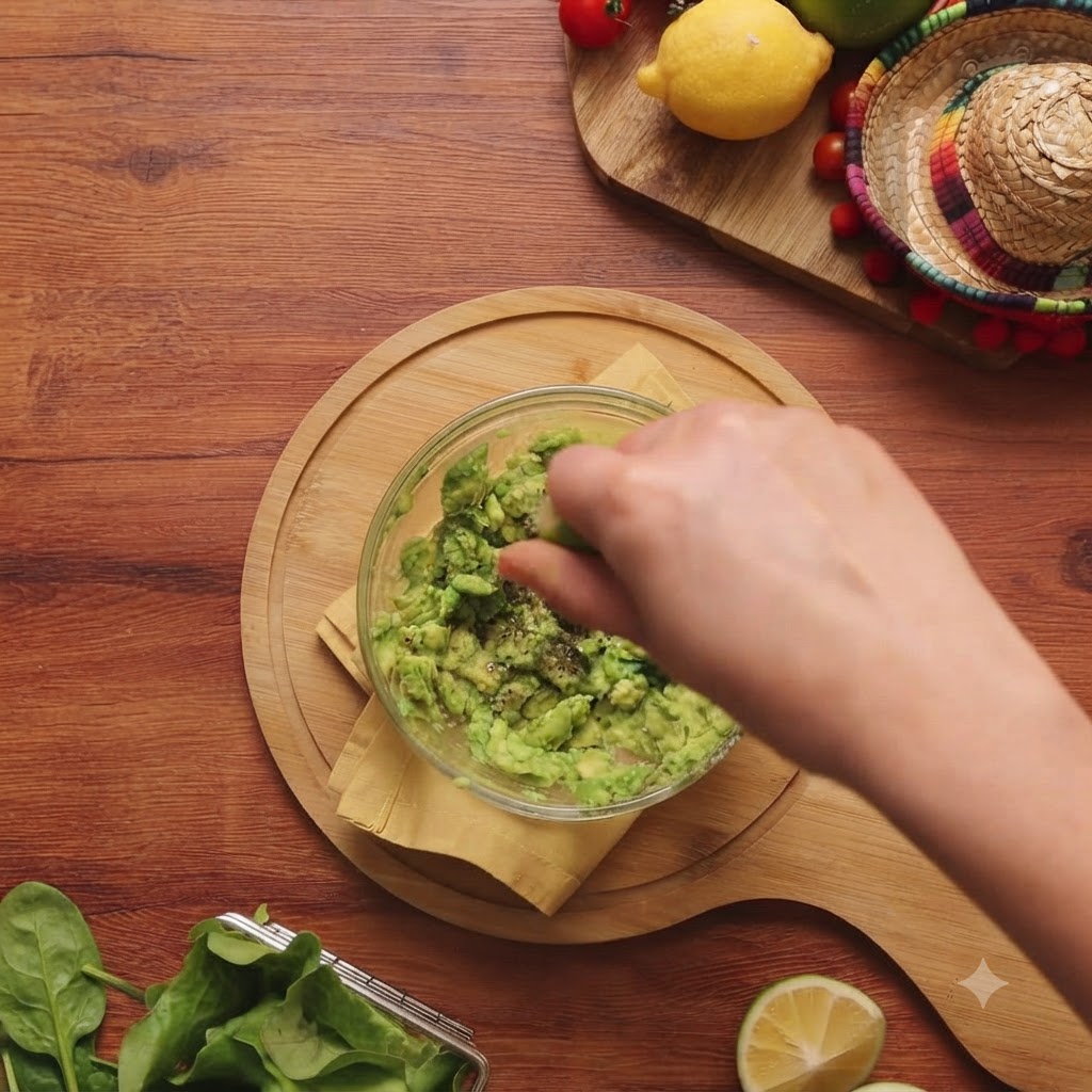 Zitronensaft, Salz und Pfeffer werden in einer Glasschüssel unter das frisch zerdrückte Avocadopüree gemischt.