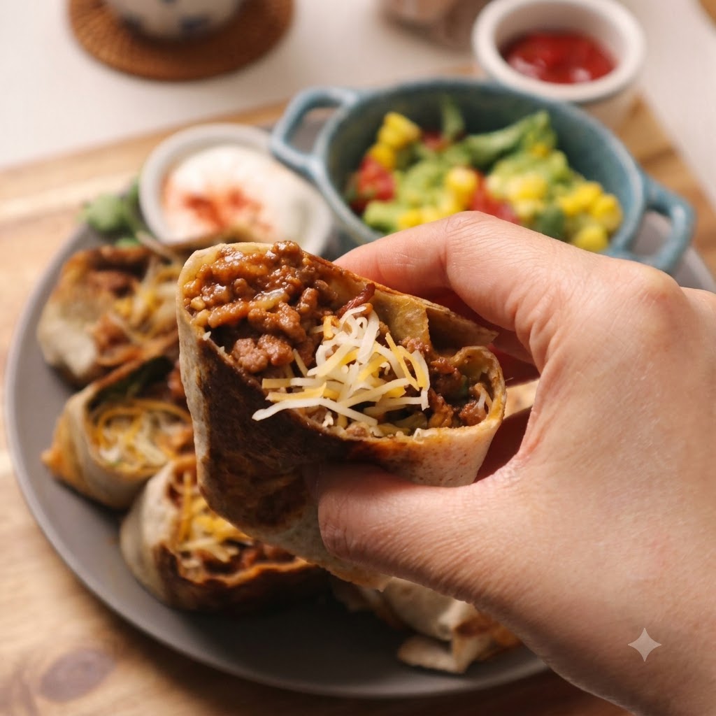 Saure Sahne wird gleichmäßig auf einem runden Vollkorn-Tortilla-Wrap verstrichen.