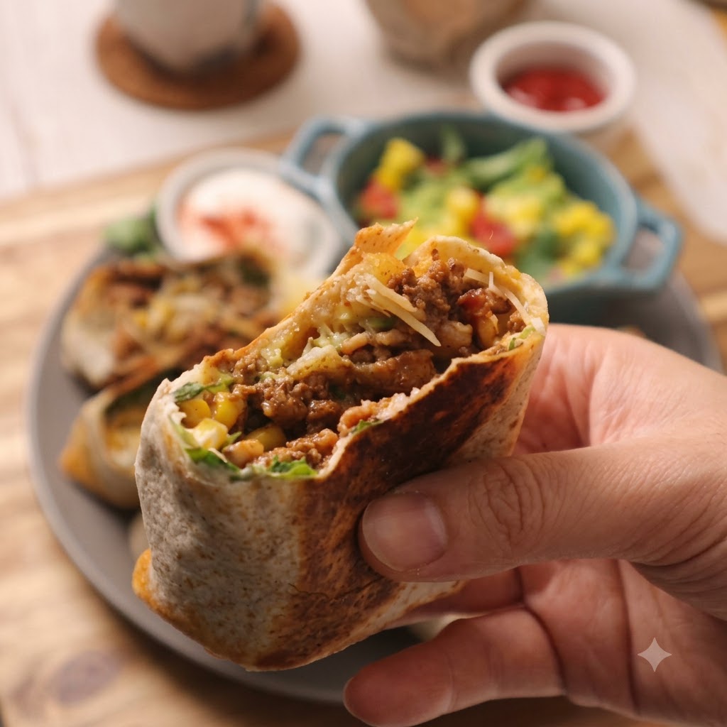 Frisch geschnittener grüner Salat wird ordentlich auf den vorbereiteten Tortilla-Wrap geschichtet.