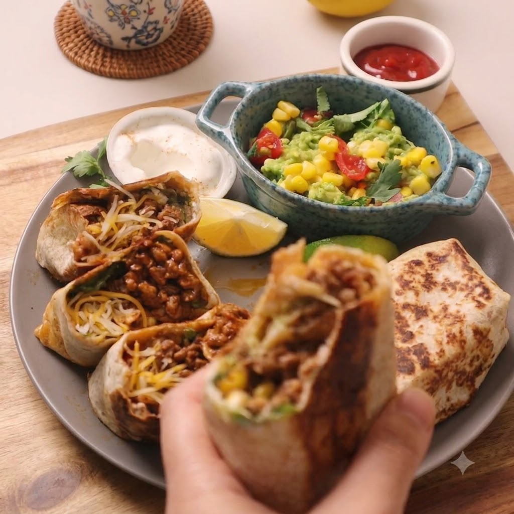 Gekochte, gewürzte Rinderhackfleischfüllung wird auf die Salatschicht des Wraps gegeben.