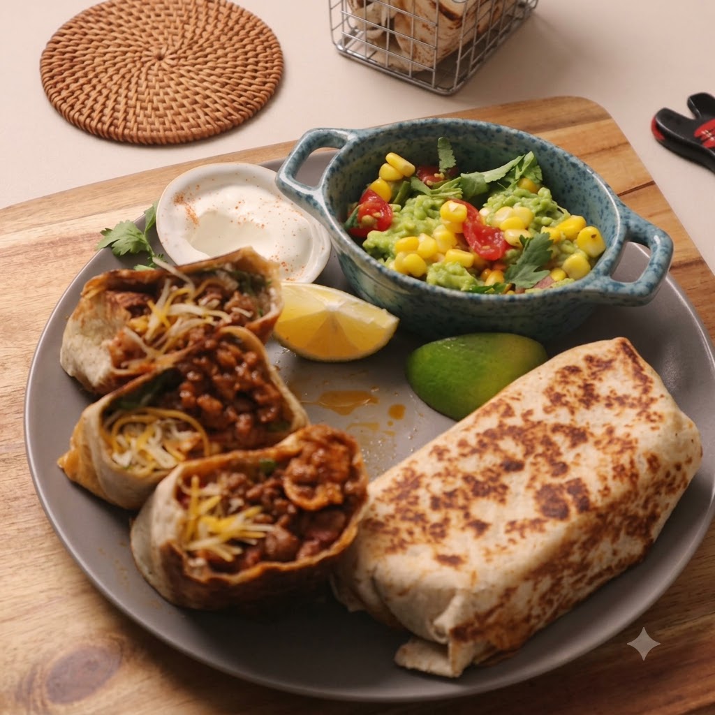 Gewürfelte Tomaten und süße Maiskörner werden auf die Burritofüllung gestreut.