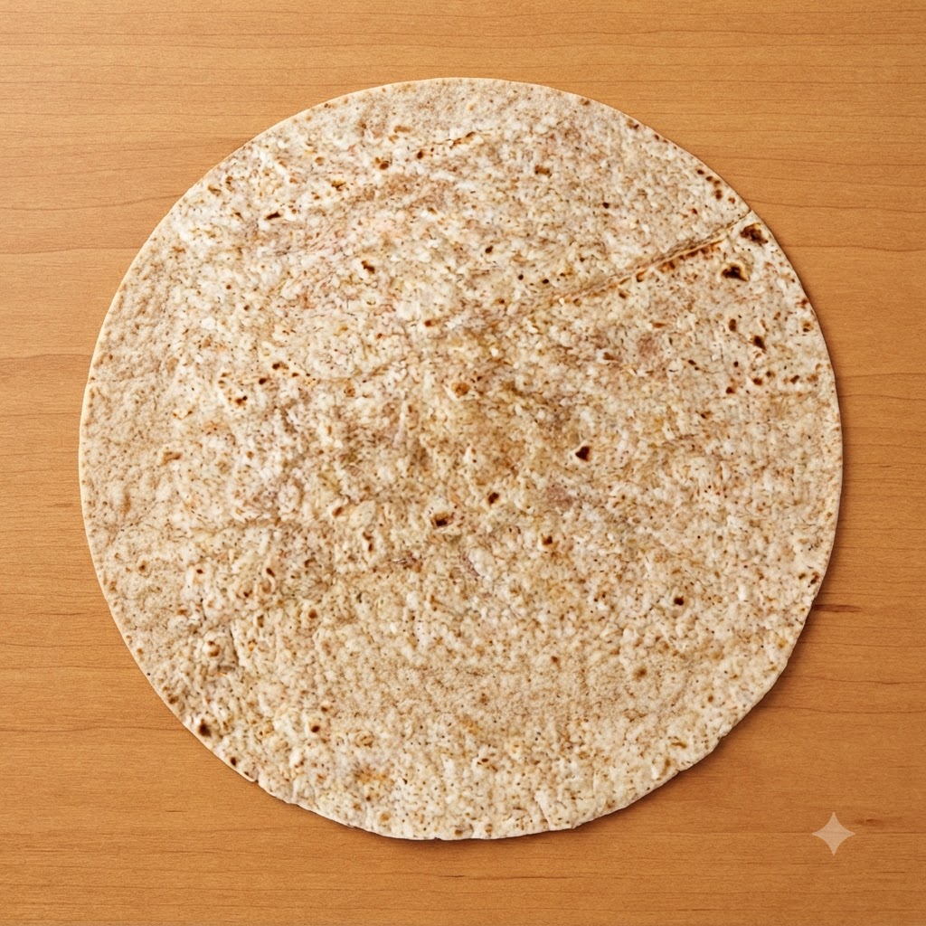 Ein runder Ausstecher drückt auf einem Holzbrett durch eine große Tortilla, um kleine Wrappers zu formen.