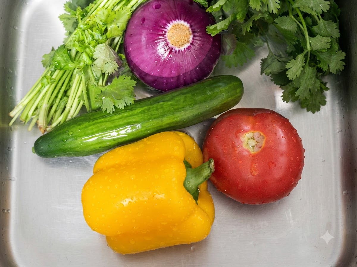 Frische Paprika, rote Zwiebel, Gurke, Tomate und Koriander in einem mit Wasser gefüllten Metallbecken.