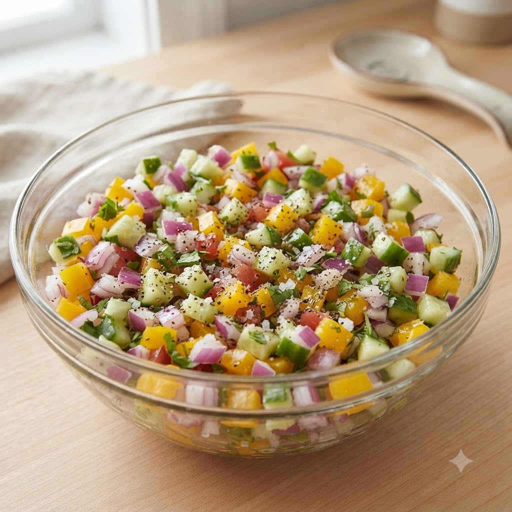 Gehackter Knoblauch, Salz, Pfeffer und Olivenöl über der Schüssel mit gewürfeltem gemischtem Gemüse.