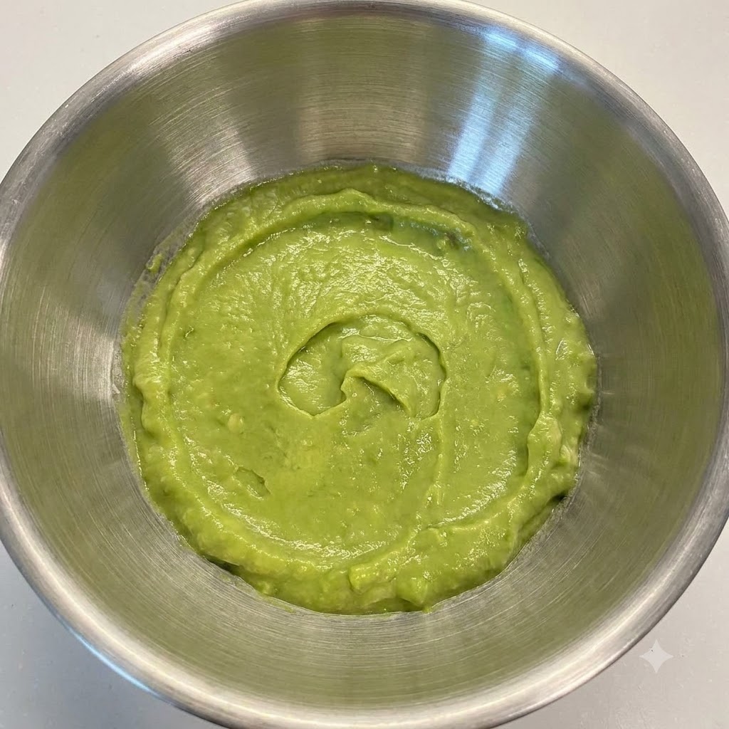 Eine reife Avocado wird mit einem Stößel in einer Metallschüssel zu einer glatten grünen Paste zerdrückt.