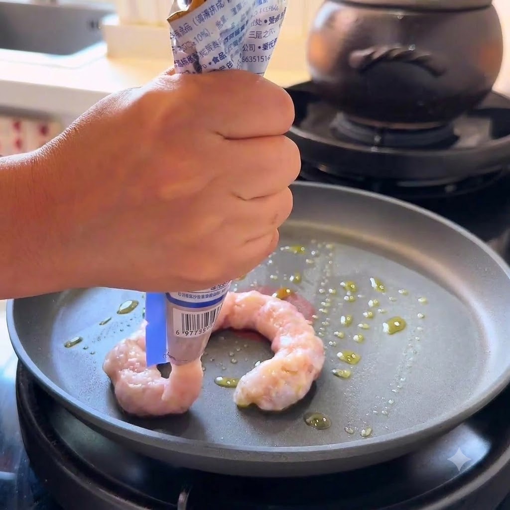 Ein Paar Hände drückt rosa Shrimp-Paste aus einer Tube in zwei kreisenförmige Formen in eine gefettete Pfanne.