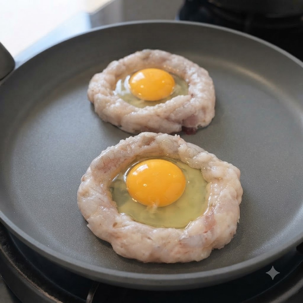 Zwei rohe Eier liegen in kreisrunden Shrimp-Paste-Ringen in einer Bratpfanne.