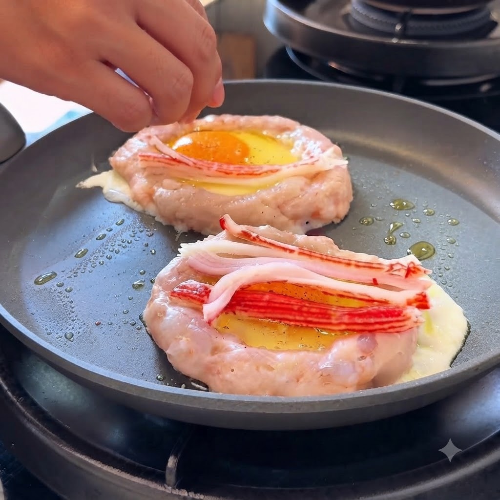 Eine Hand legt zerkleinerte Krabbenstäbchenstücke auf die Eier in den Shrimp-Paste-Ringen.