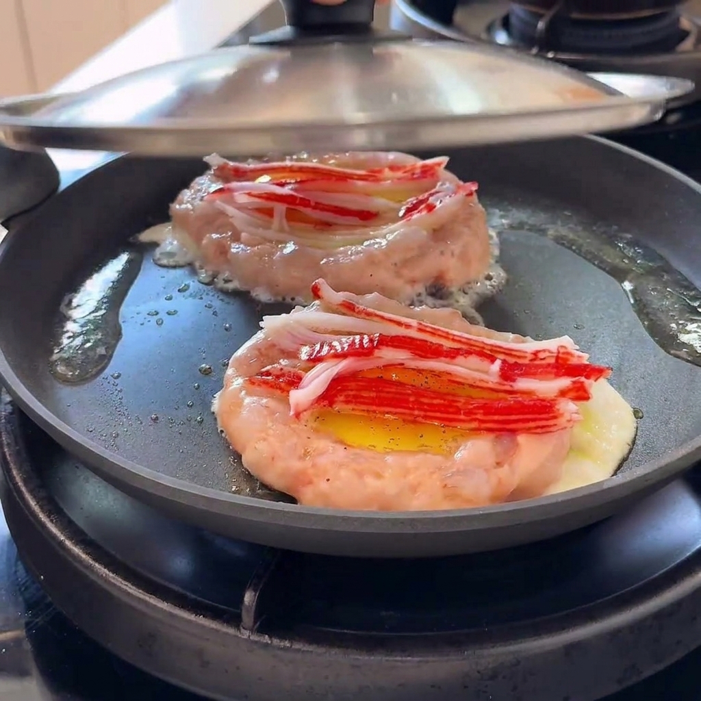 Ein Metalldeckel wird auf eine Bratpfanne mit Shrimp-Paste-Ringen und belegten Eiern mit verdampfendem Wasser gesetzt.