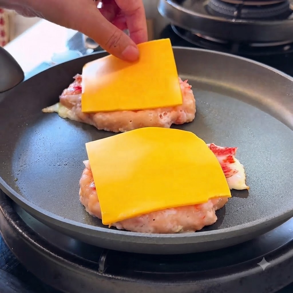 Eine Hand legt gelbe Käsescheiben über gekochte Ei- und Shrimp-Patties in einer Bratpfanne.