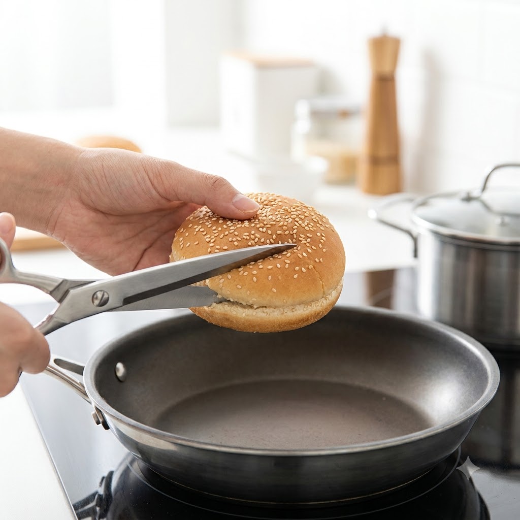 Ein erwärmtes Burgerbrötchen wird mit einer Schere aufgeschnitten.