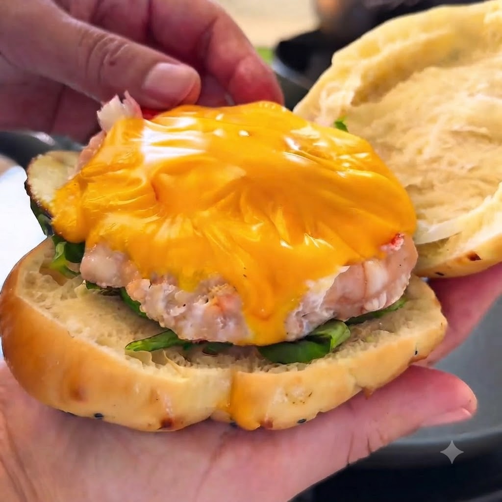 Frische Salatblätter und ein gekochtes Patty mit geschmolzenem Käse in einem aufgeschnittenen Burgerbrötchen.