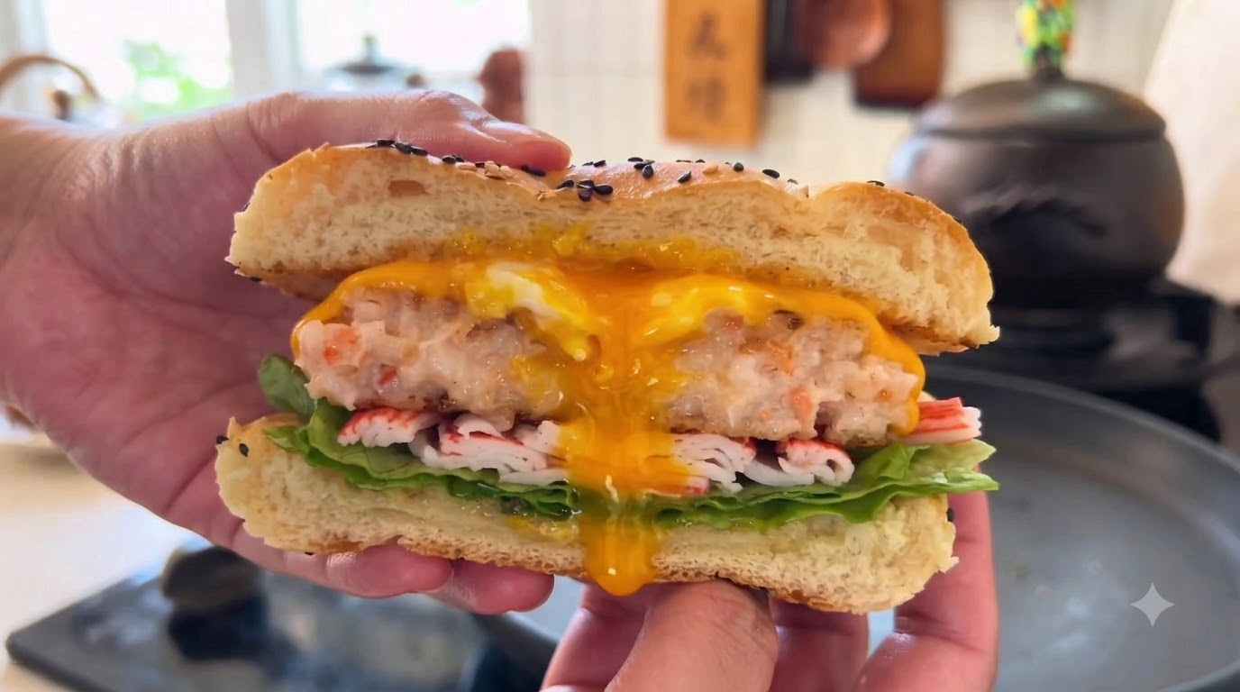 Shrimp-Paste-und-Krabbenstick-Spiegelei-Burger