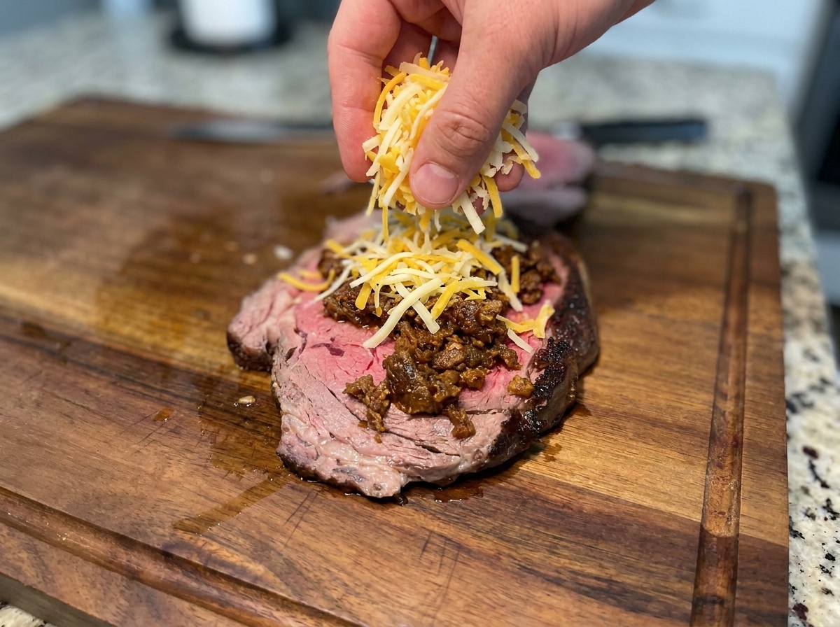 Ein Löffel gewürztes, gekochtes Rinderhackfleisch wird auf das mit Käse bedeckte Steak geschichtet.