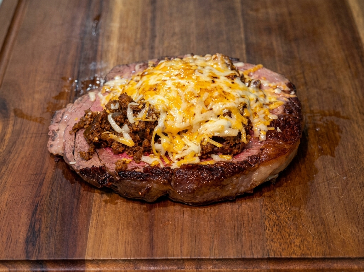 Geschmolzener geriebener Käse bedeckt das Rinderhackfleisch auf dem Steakstück.