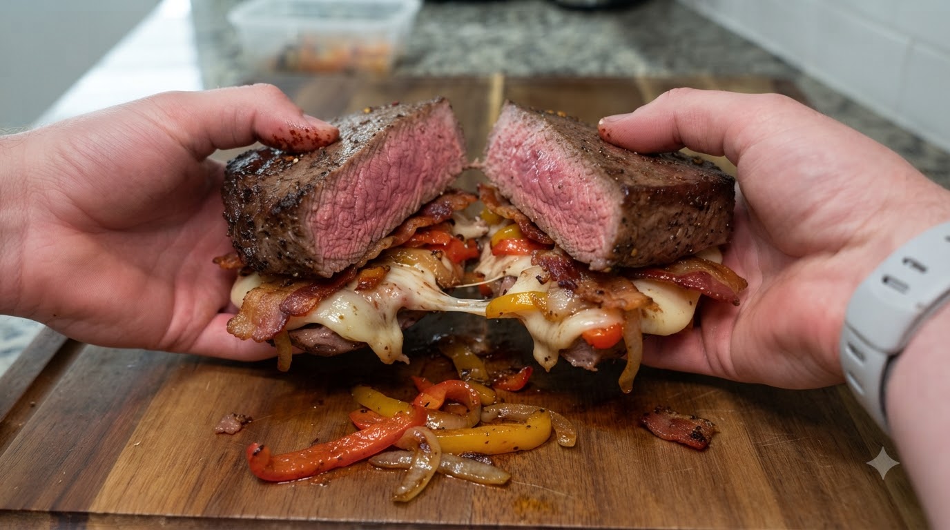 Ein halbiertes texanisches Steak-Frühstückssandwich, das Schichten von saftigem Rindfleisch, geschmolzenem Käse, Speck und Paprika zeigt.